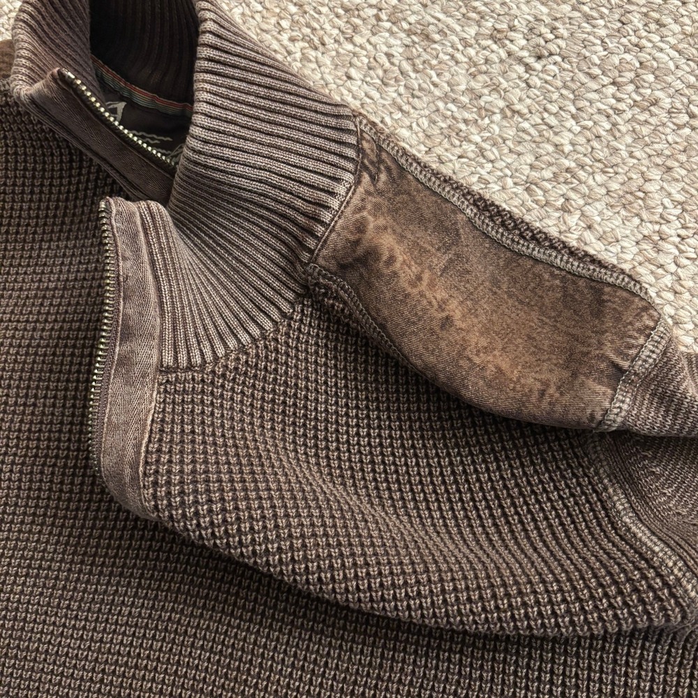 Tommy Bahama Mens Brown Waffle Knit Quarter Zip Sweater Suede Shoulders Large - Picture 5 of 8